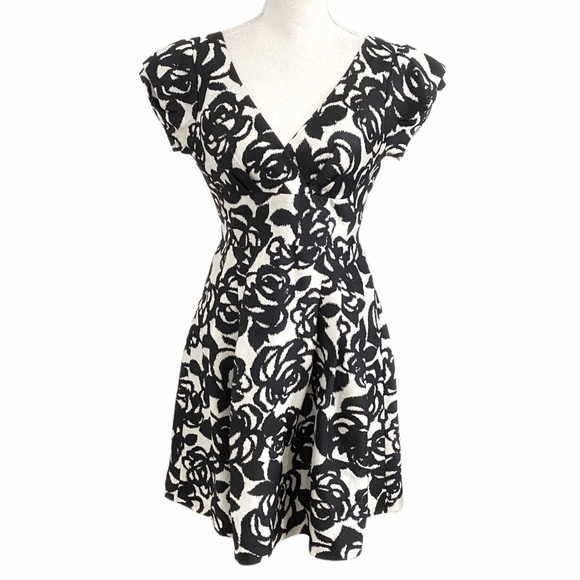 SANDRA ANGELOZZI 100% SILK BLACK WHITE ABSTRACT FLORAL FIT & FLARE PLEATED DRESS - Picture 1 of 8